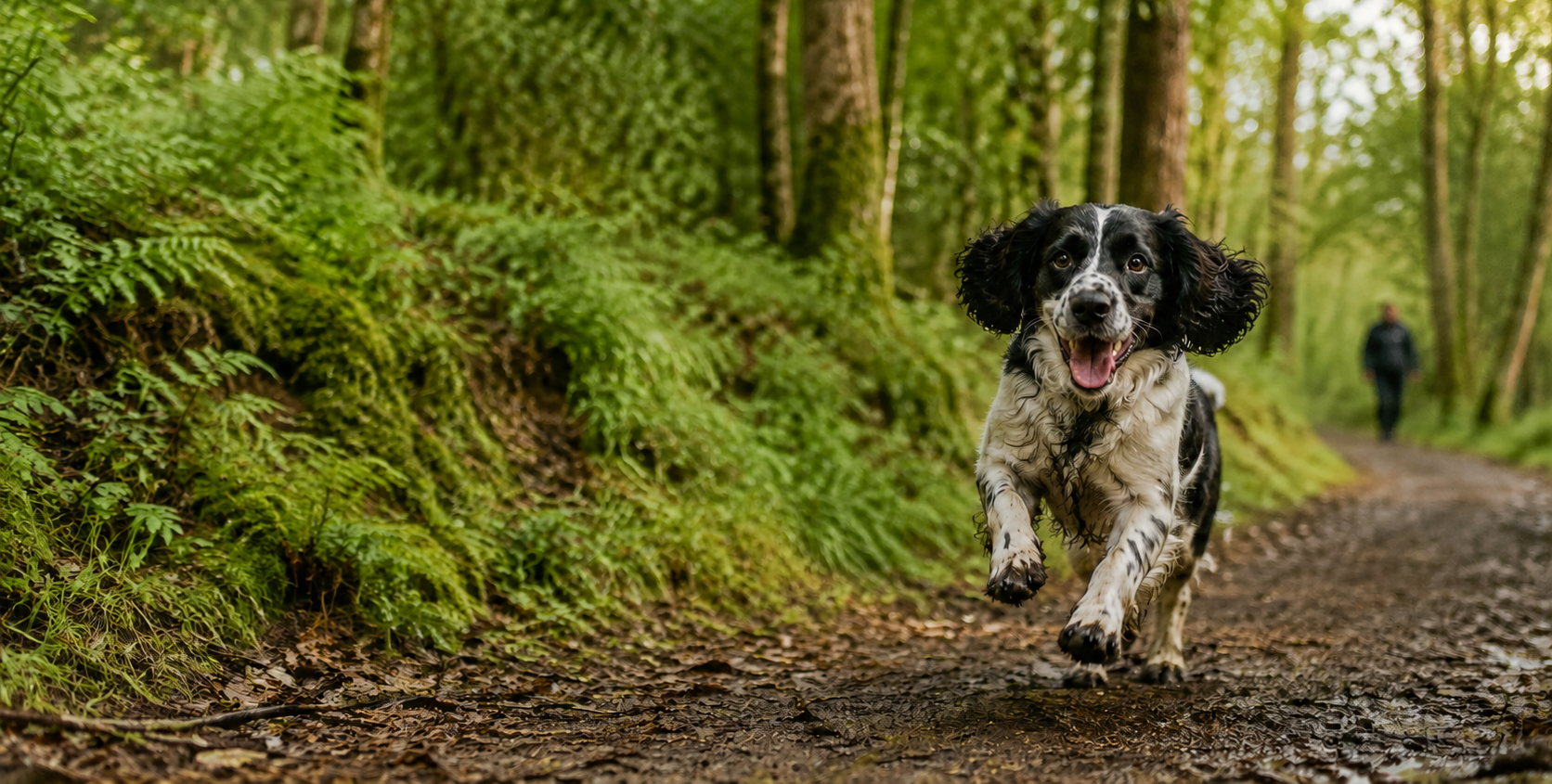 A happy spaniel running through a woodland trail